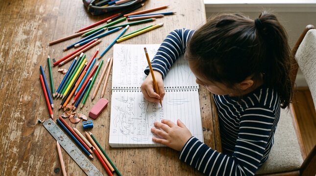 Young girl with ponytail in striped shirt drawing and writing with colored pencils on notebook at wooden table
