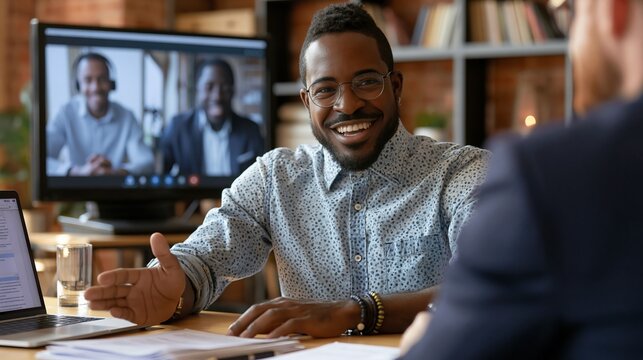 Smiling african man participates in a video conference call, connecting with colleagues and demonstrating modern remote work practices