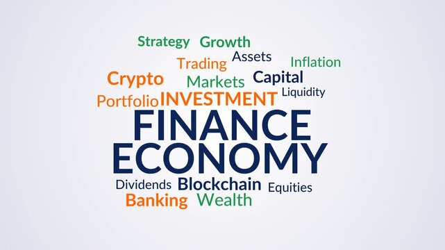 Dynamic financial and economic terms word cloud animation on white background.