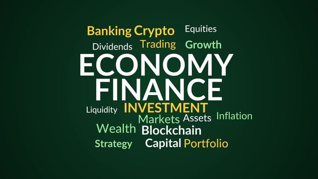 Economy finance investment word cloud animation on dark green background, business and financial terms for banking crypto assets.
