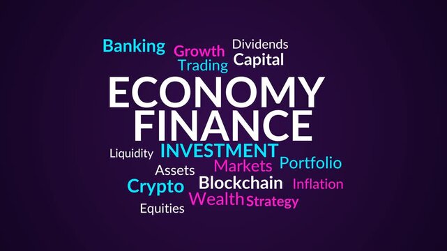 Finance and economy animated word cloud video clip on dark purple background.