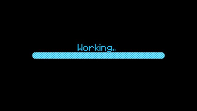 Working loading bar animation in blue pixel font on black background progress