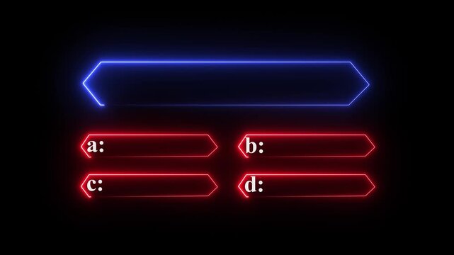 quiz show neon frame animation on black background, glowing game contest banner with modern television style,Futuristic neon glowing quiz question and answer template with multiple choice options 