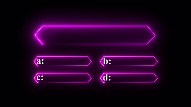 quiz show neon frame animation on black background, glowing game contest banner with modern television style,Futuristic neon glowing quiz question and answer template with multiple choice options 