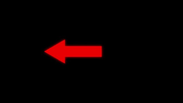 Arrow pointing left direction symbol indicating back or previous page. simple red pointer showing opposite direction. arrow extending on black background