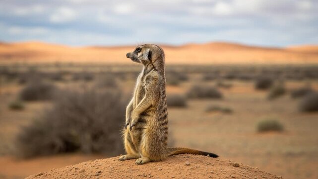 Meerkat standing guard on a mound in a desert landscape