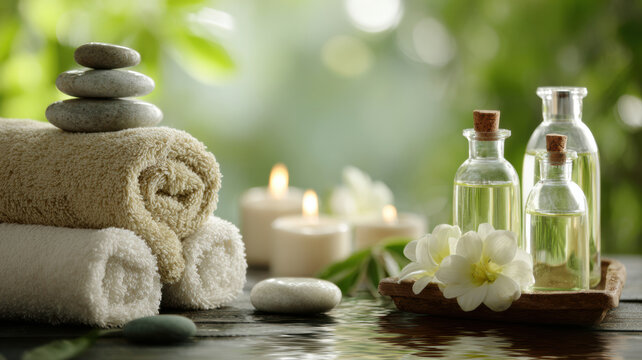 Therapy stress release treatment, health lifestyle. A tranquil spa setting with a tranquil ambiance, featuring a wooden surface adorned with towels, pebbles, candles, and a white flower.