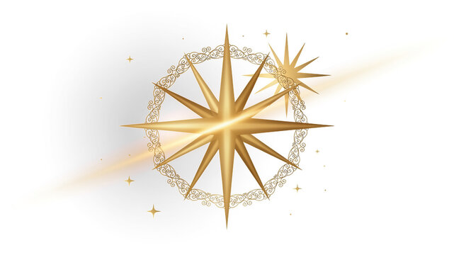 Golden North Star with elegant filigree circle, shimmering celestial compass rose, luxury metallic starburst graphic on white background
