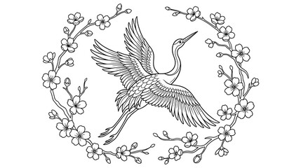 Fototapeta premium Japanese crane bird flying among cherry blossom flowers.