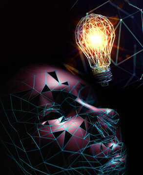  Concepto de IA, idea de bombilla, tecnolog&iacute;a de red cerebral digital. Ilustraci&oacute;n 3D. An&aacute;lisis de datos empresariales e inteligencia artificial. Cabeza de c&iacute;borg y ciberseguridad. Cerebro digital