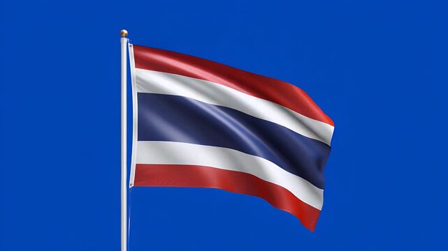Thailand flag waving proudly against blue screen background, symbolizing national pride and patriotic spirit for travel, tourism, and cultural events