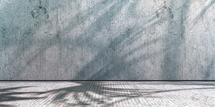  Fondo de habitaci&oacute;n de hormig&oacute;n vac&iacute;o con luz solar y sombras. Estudio de cemento en blanco con sombras de ramas de &aacute;rboles. Sugiere calma industrial y minimalismo moderno. Ilustraci&oacute;n 3D.