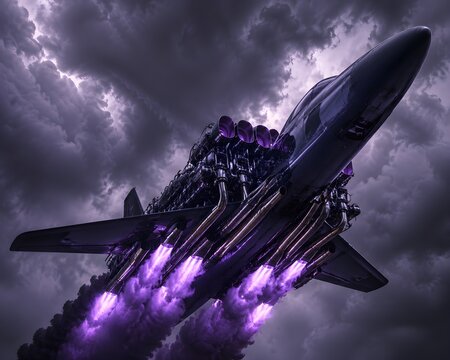 Powerful multi engine sky drag racer spitting purple flames from massive exhausts against moody thunderclouds