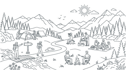 Fototapeta premium Mountain camping landscape with people enjoying outdoors.