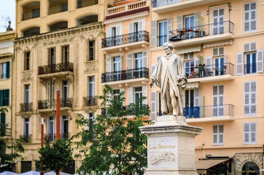 Lord Brougham statue and traditional Mediterranean houses in Cannes, France