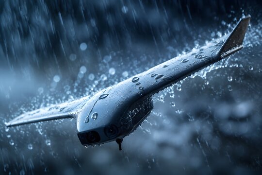 Single Winged Asymmetrical Drone Slicing Through Heavy Rainstorm Water Shedding Off Advanced Hydrophobic Coating Surface