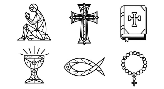 Christian religious symbols including cross, bible, fish, rosary, chalice and praying man