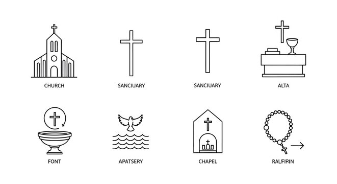 Collection of various Christian religious symbols and buildings icons