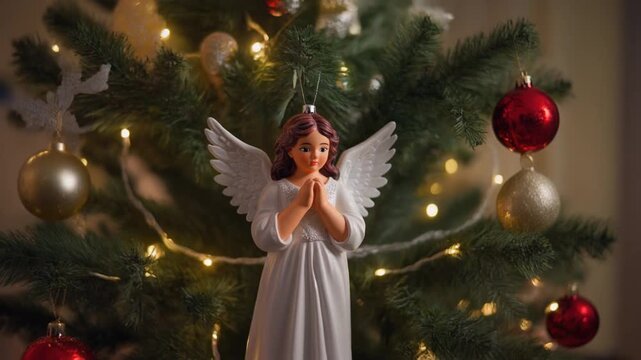 Angel figurine hanging on illuminated christmas tree