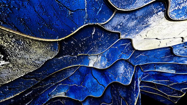  Textura en capas agrietada en azul, fondo abstracto, macrodetalle. Superficie agrietada en azul con vetas doradas en capas. Transmite lujo, profundidad y sofisticaci&oacute;n art&iacute;stica.Ilustraci&oacute;n 3D.