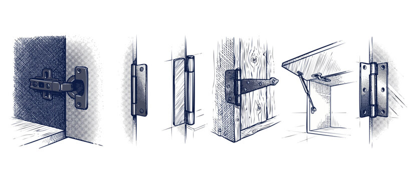 Door hinges types hardware illustration showcases cabinet hinges, butt hinges, T-hinge, concealed hinges and gas lift mechanisms in vintage hand drawn sketch style for carpentry and construction task.