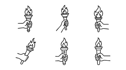 Fototapeta premium Minimalist vector graphic illustration featuring six human hands holding flaming torches in simple black outlines