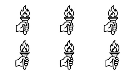 Fototapeta premium Simple vector illustration showing multiple hands holding flaming torches arranged in a clean grid pattern layout