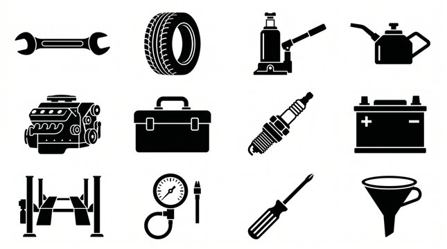 Collection of Car Repair and Maintenance Tools and Parts Icons PNG Isolated on transparent background
