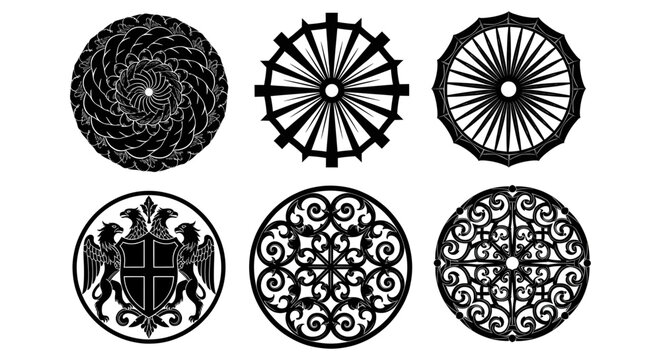 Set of six intricate black and white circular ornamental designs and patterns