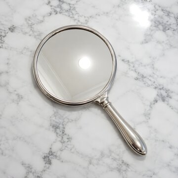 Handheld Magnifying Mirror Lying Flat On Marble Countertop Reflecting Ceiling Light Under Bright Studio Conditions