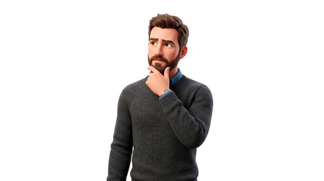 Thoughtful man with beard touching chin and looking up with pensive expression, wearing a sweater and watch PNG Isolated on transparent background