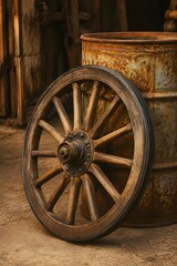 Obraz premium Discover Vintage Wooden Spoked Wheel From Antique Car Leaning Against Rusted Metal Barrel Pure Visuals