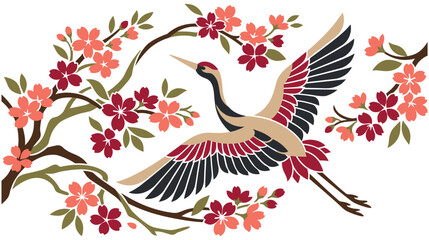 Fototapeta premium Flying crane bird among cherry blossom branches and flowers.