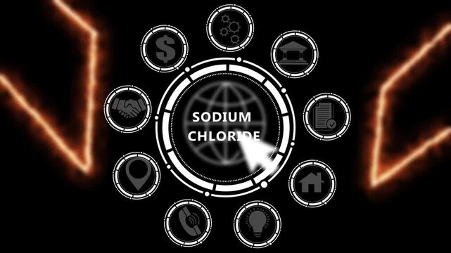 Abstract 4k animation of disorganized business icons transforming into a global network interface for sodium chloride industry.