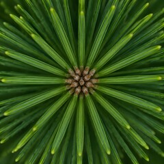 Fototapeta premium Symmetrical cluster of green pine needles viewed from the tip down forming a geometric star