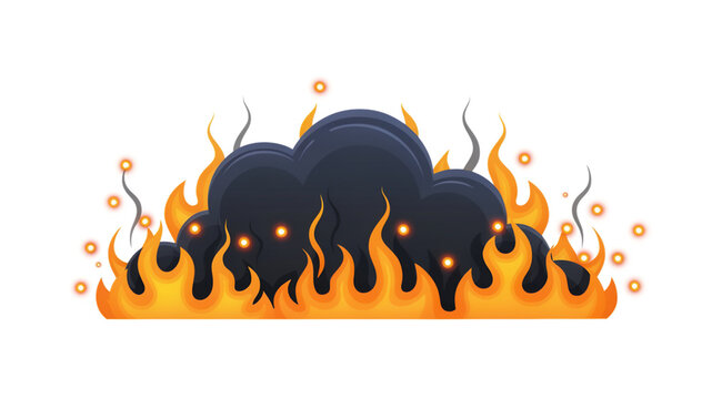 Cartoon fire explosion with black smoke clouds, burning flame border with orange sparks, flat vector fire effect for game design and animation