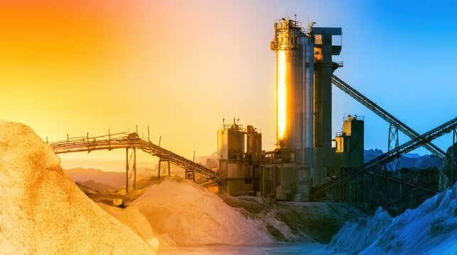 A large industrial factory with a tall tower at sunset