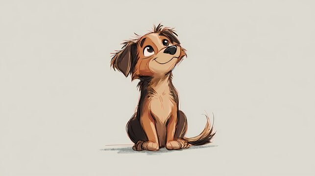 Puppy sits patiently on a neutral background.