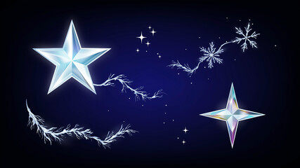 Obraz premium Crystalline winter stars and snowflakes set, holographic ice crystals on dark blue background, elegant frozen celestial elements for holiday design