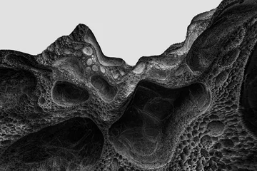  Textura de cresta de montaña orgánica gris Fondo abstracto 3D. Cresta texturizada gris rugosa sobre fondo negro. Sugiere ciencia, estructura y formación natural orgánica. Ilustración 3D. © C.Castilla