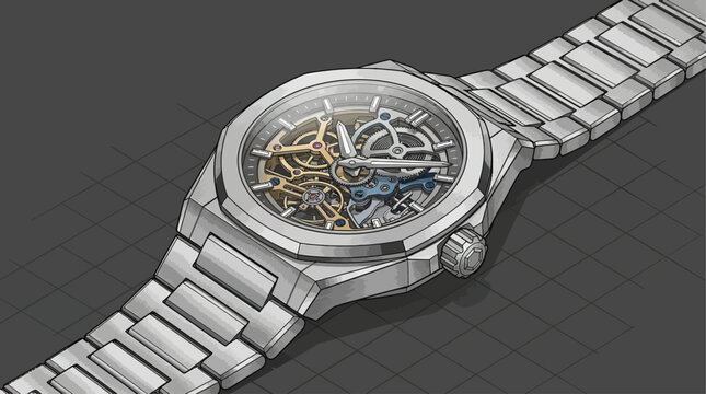 Detailed illustration of a mechanical wristwatch with a skeleton dial, vector art