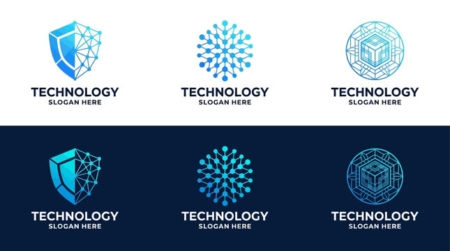 Modern digital technology vector logo collection featuring abstract network and shield designs, perfect for secure tech branding and innovative business identities