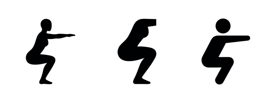 Set of squat exercise icons in various styles, vector illustration of fitness workout.