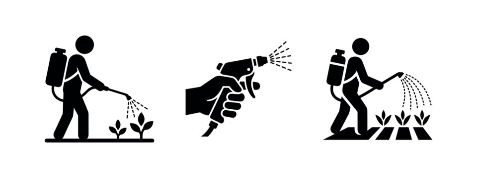 Set of spraying icons in various styles, vector illustration of gardening, pest control, and watering.