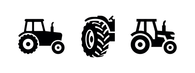 Farm tractor vehicle icons set. Agriculture and rural machinery symbols for heavy-duty farming and land cultivation. © Lili