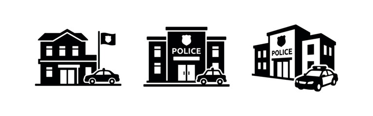 Police station icons set. Law enforcement building and patrol car symbols. © Lili