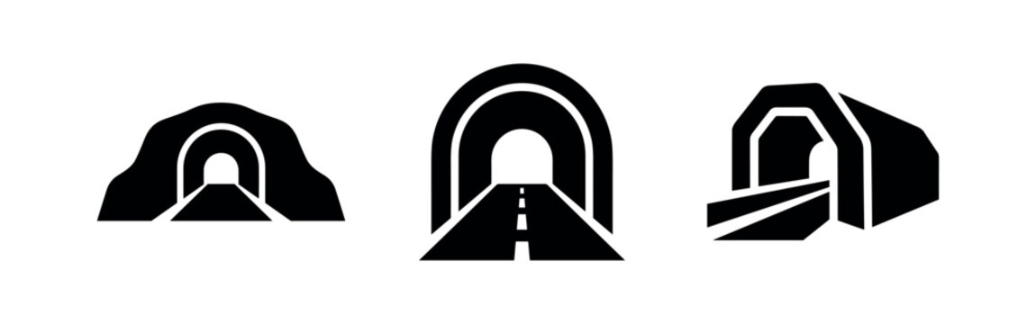 Tunnel and underground road icons set. Mountain pass and path symbols for transportation and infrastructure.