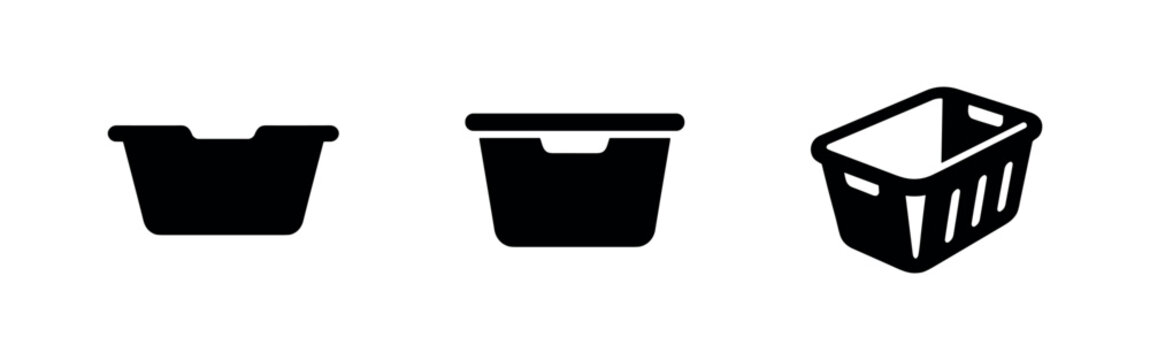 Laundry basket and hamper icons set. Household chore and clothing storage symbols for wash day and domestic tasks.