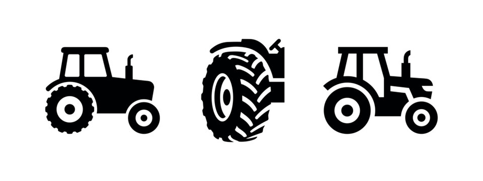 Farm tractor vehicle icons set. Agriculture and rural machinery symbols for heavy-duty farming and land cultivation.