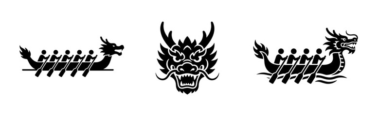 Dragon boat racing and Chinese dragon head icon set. © Lili